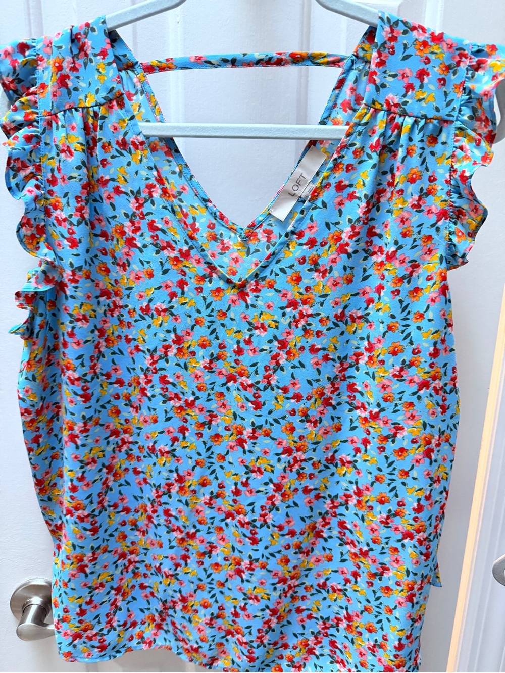LOFT Bright Blue Floral Ruffle V-Neck Camisole